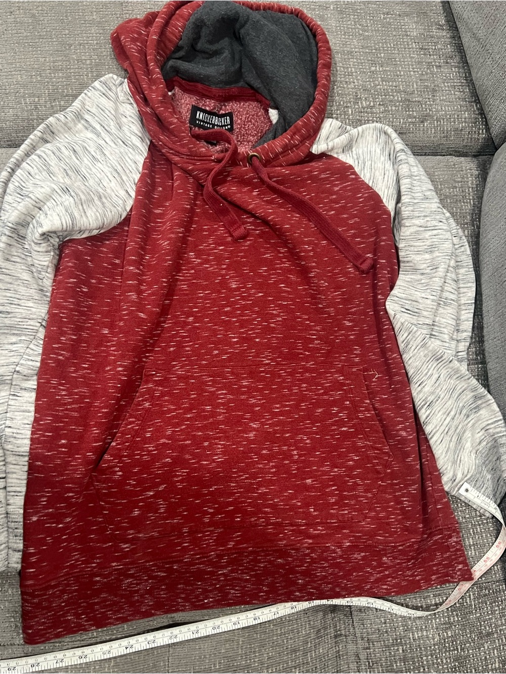 Knickerbocker Vintage Design Hoodie Red Gray Raglan Cosmic Fleece Sweatshirt N25